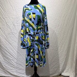 Donna Morgan Blue and Green Abstract Long Sleeve Dress